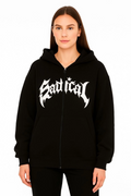 Oversize Hooded Sweatshirt - 3-Thread Brushed Cotton Fabric, Printed Front, Zippered, Relaxed Fit, Winter and Street Style Sweat - Black