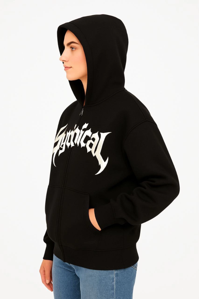 Oversize Hooded Sweatshirt - 3-Thread Brushed Cotton Fabric, Printed Front, Zippered, Relaxed Fit, Winter and Street Style Sweat - Black