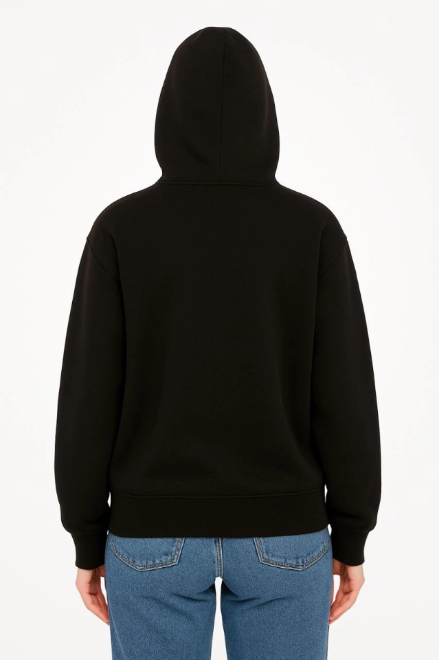 Oversize Hooded Sweatshirt - 3-Thread Brushed Cotton Fabric, Printed Front, Zippered, Relaxed Fit, Winter and Street Style Sweat - Black