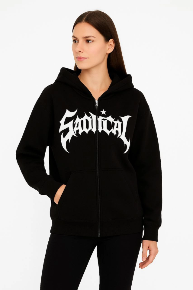 Oversize Hooded Sweatshirt - 3-Thread Brushed Cotton Fabric, Printed Front, Zippered, Relaxed Fit, Winter and Street Style Sweat - Black