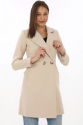 Felted Coat - Black Wool Weave, Double-Breasted Collar, Lined, Pockets, Belted Long Modest Winter Chic Coat - Beige