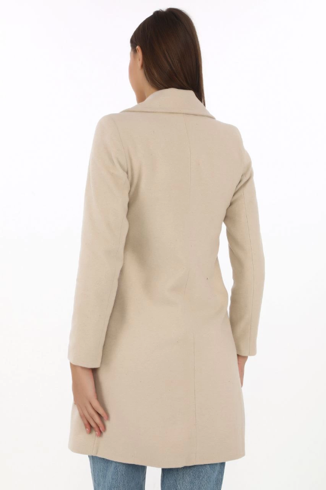 Felted Coat - Black Wool Weave, Double-Breasted Collar, Lined, Pockets, Belted Long Modest Winter Chic Coat - Beige