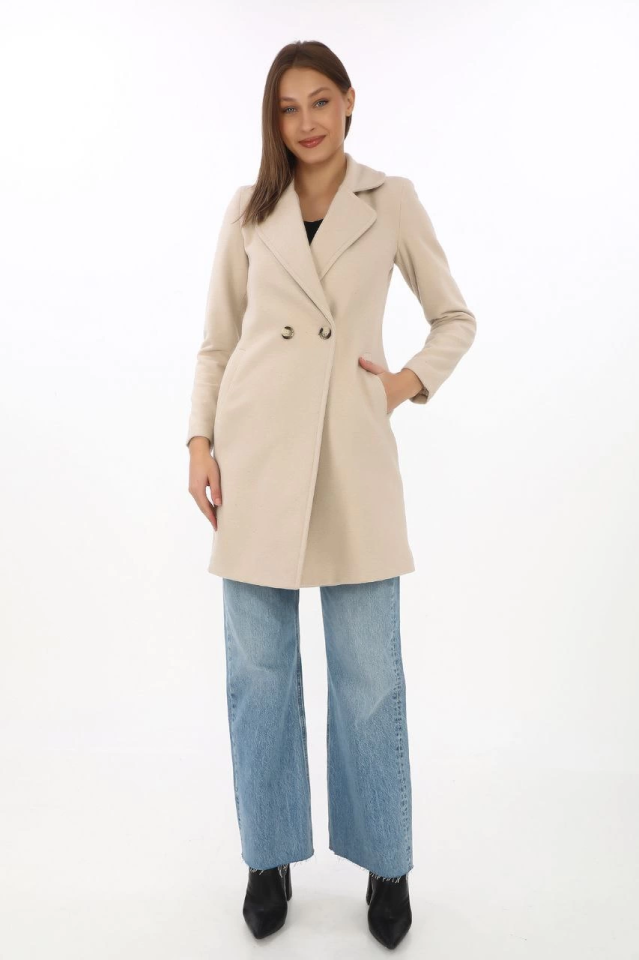 Felted Coat - Black Wool Weave, Double-Breasted Collar, Lined, Pockets, Belted Long Modest Winter Chic Coat - Beige