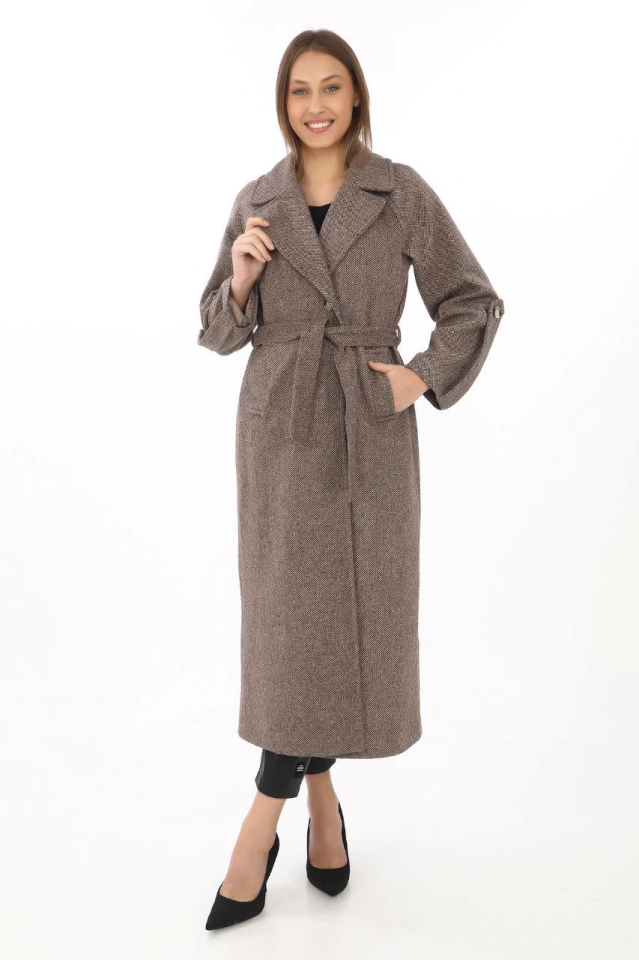 Long Cachet Overcoat – Wool Woven Cashmere Fabric, Double-Breasted Collar, Lined with Belt, Hijab-Friendly, Stylish Winter Black Model - Mink