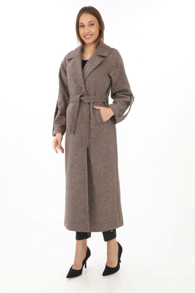 Long Cachet Overcoat – Wool Woven Cashmere Fabric, Double-Breasted Collar, Lined with Belt, Hijab-Friendly, Stylish Winter Black Model - Mink