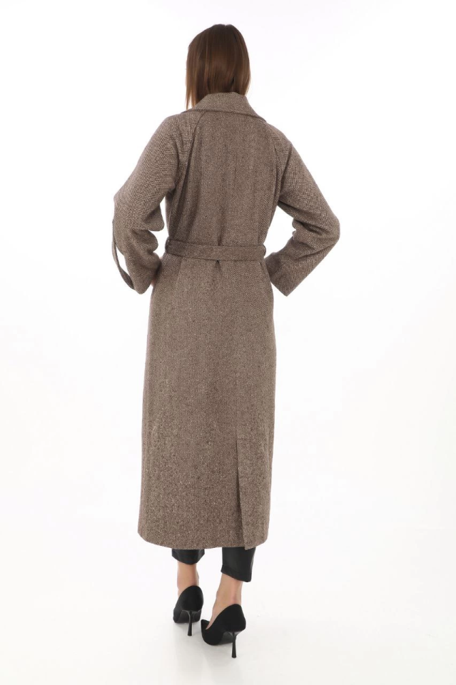 Long Cachet Overcoat – Wool Woven Cashmere Fabric, Double-Breasted Collar, Lined with Belt, Hijab-Friendly, Stylish Winter Black Model - Mink