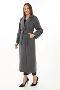 Long Coat - Wool Blend Cashmere Fabric, Double-Breasted Collar, Belted Lined Modest Elegant Winter Black Model - Smoke Grey