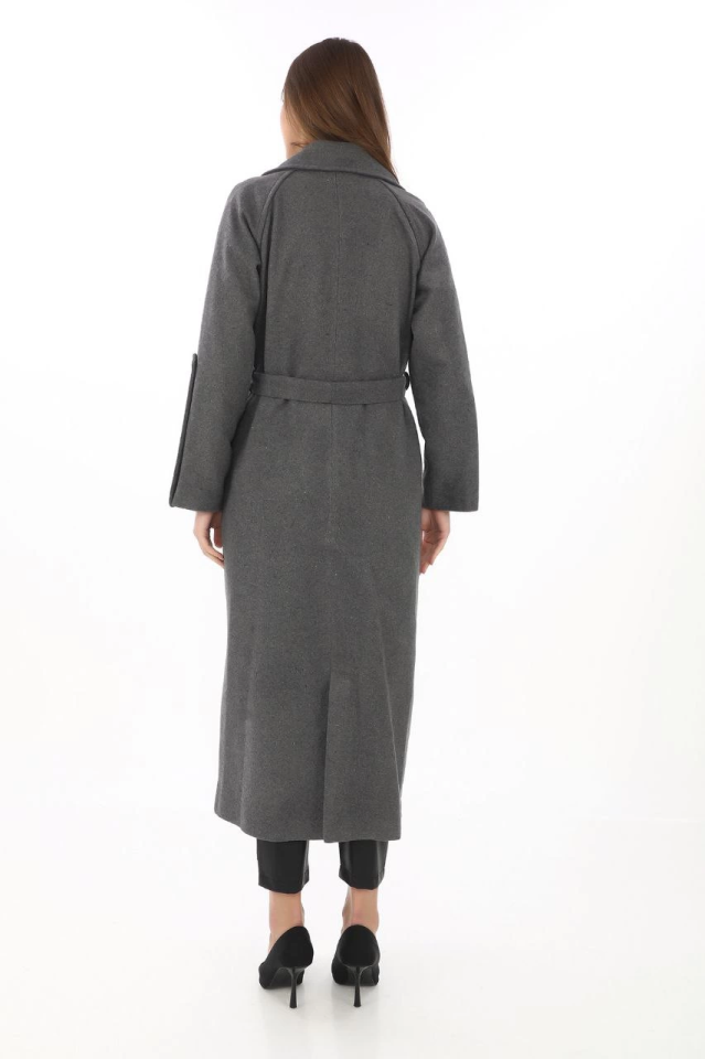 Long Coat - Wool Blend Cashmere Fabric, Double-Breasted Collar, Belted Lined Modest Elegant Winter Black Model - Smoke Grey