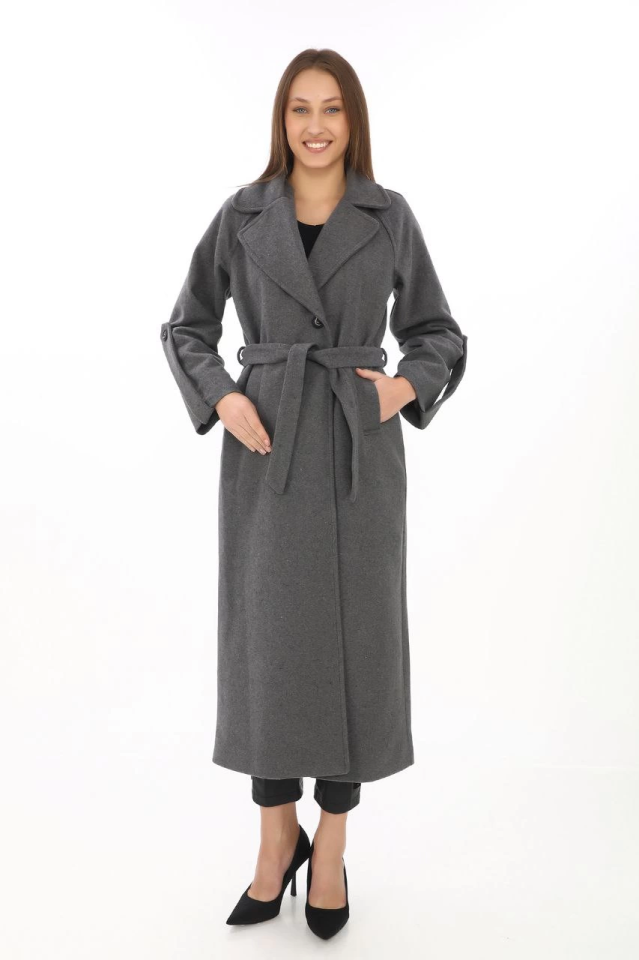 Long Coat - Wool Blend Cashmere Fabric, Double-Breasted Collar, Belted Lined Modest Elegant Winter Black Model - Smoke Grey
