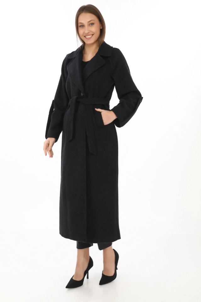 Long Felt Coat – Wool Weave Cashmere Fabric, Double-Breasted Collar, Belted Lined Modest Compatible Stylish Winter Black Model - Black