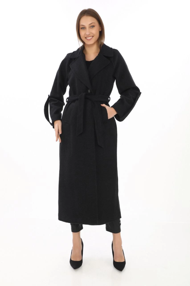 Long Felt Coat – Wool Weave Cashmere Fabric, Double-Breasted Collar, Belted Lined Modest Compatible Stylish Winter Black Model - Black