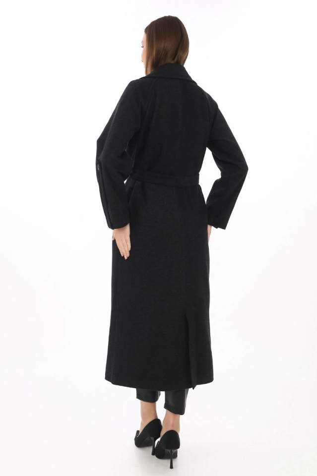 Long Felt Coat – Wool Weave Cashmere Fabric, Double-Breasted Collar, Belted Lined Modest Compatible Stylish Winter Black Model - Black