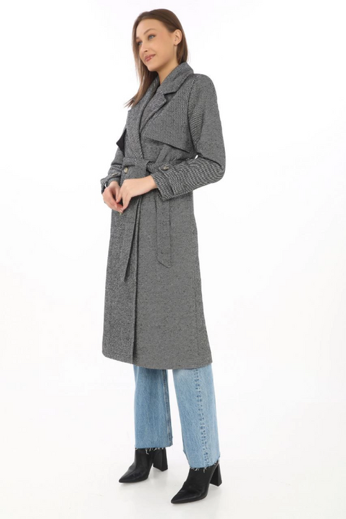 Herringbone Cashmere Long Melton Coat - Smoky Grey