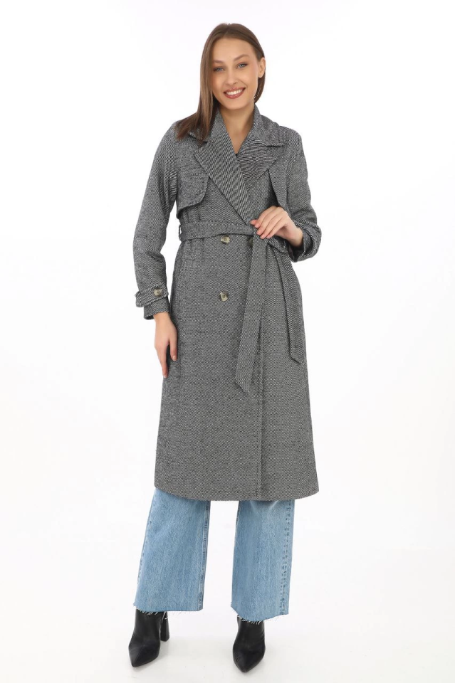 Herringbone Cashmere Long Melton Coat - Smoky Grey