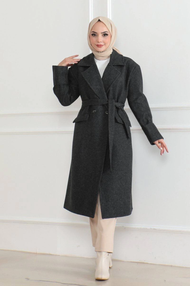 Kaşe Kaban – Uzun Boy 115 Cm Kruvaze Yaka Kuşaklı Astarlı Kışlık Tesettür Kaban, Yünlü Dokuma Kaşmir Kumaş, Cepli Oversize Rahat Kalıp Şık Modern Kaban Mont Modeli (Günlük Ve Özel Gün Kombinlerine Uygun) - Siyah