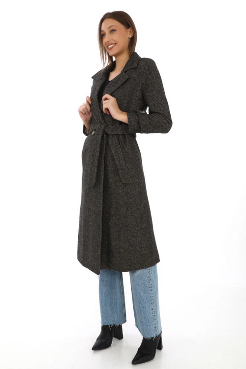 Herringbone Double Breasted Belted Lined Winter Modest Coat, Wool Blend Cashmere Fabric, Pockets Comfortable Oversize Fit Stylish Modern Coat Model (Suitable for Daily and Special Occasion Outfits) - Brown