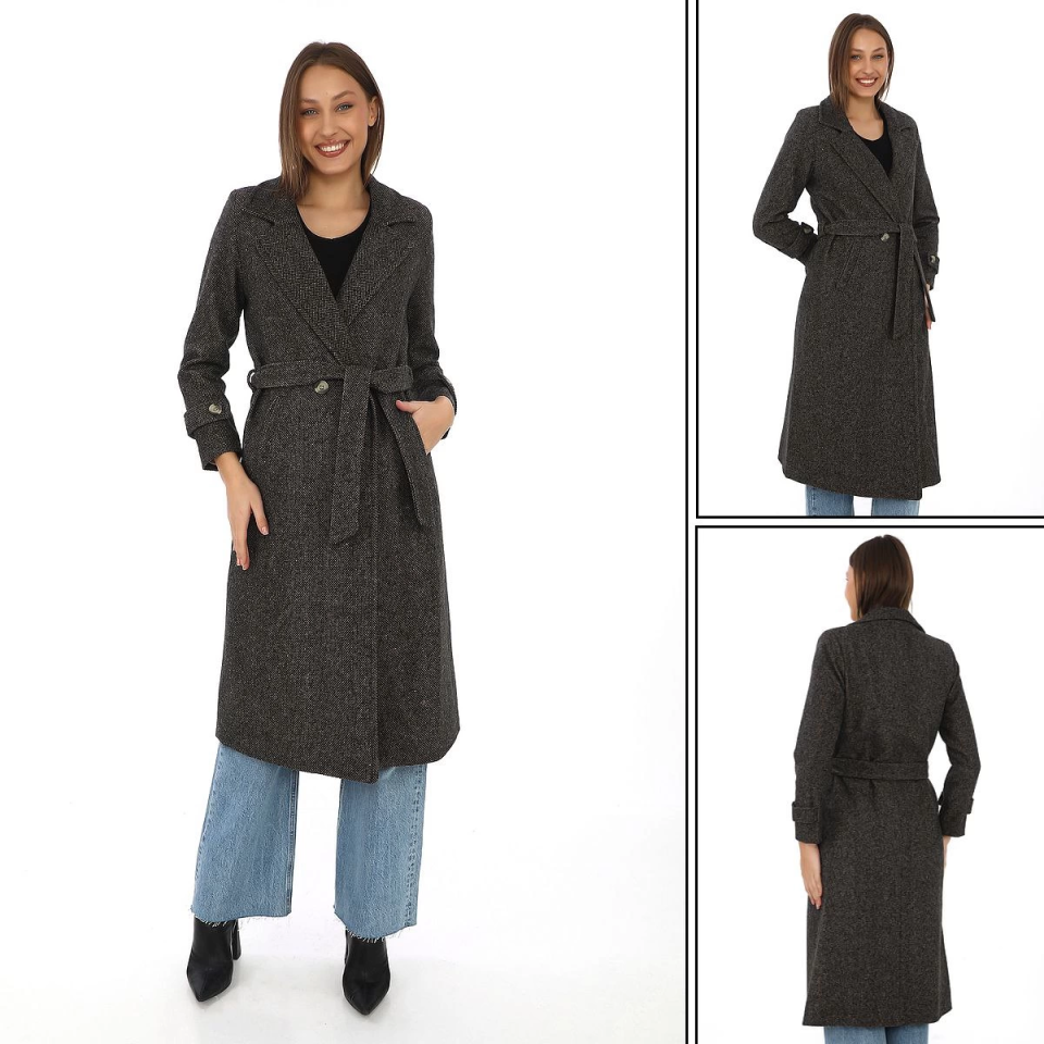 Balık Sırtı Kaşe Kaban – Uzun Boy Kruvaze Yaka Kuşaklı Astarlı Kışlık Tesettür Kaban, Yünlü Dokuma Kaşmir Kumaş, Cepli Rahat Oversize Kalıp Şık Modern Kaban Mont Modeli (Günlük Ve Özel Gün Kombinlerine Uygun) - Kahverengi