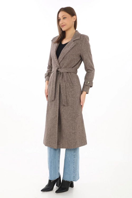 Herringbone Melton Coat - Long Double-Breasted Lapel Belted Lined Winter Modest Coat, Wool Woven Cashmere Fabric, Pockets Comfortable Oversized Fit Stylish Modern Coat Jacket Model (Suitable for Daily and Special Occasion Outfits) - Mink