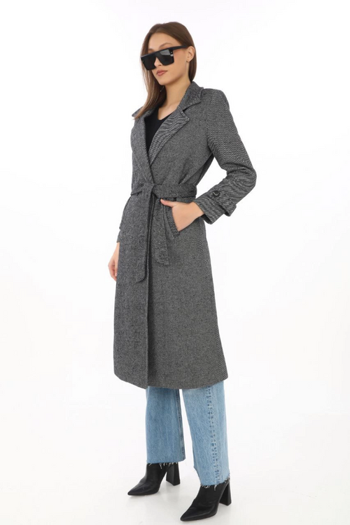 Herringbone Lined Winter Overcoat – Long Double-Breasted Collar Belted Modest Overcoat, Wool-Blend Woven Cashmere Fabric, Pockets, Comfortable Oversize Fit, Stylish Modern Coat Model (Suitable for Daily and Special Occasion Outfits) - Smoke Gray