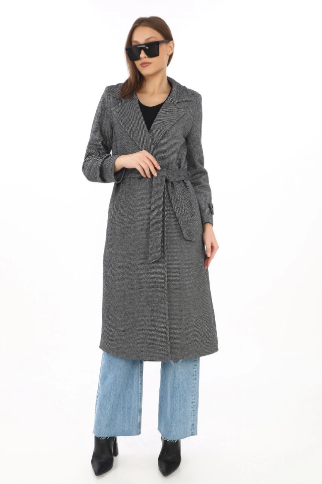 Balık Sırtı Kaşe Kaban – Uzun Boy Kruvaze Yaka Kuşaklı Astarlı Kışlık Tesettür Kaban, Yünlü Dokuma Kaşmir Kumaş, Cepli Rahat Oversize Kalıp Şık Modern Kaban Mont Modeli (Günlük Ve Özel Gün Kombinlerine Uygun) - Füme