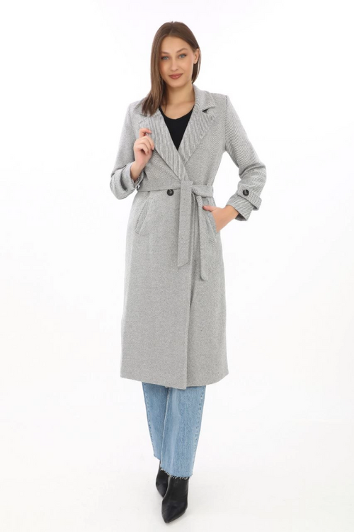 Herringbone Cachet Coat - Long Double-Breasted Collar Belted Lined Winter Modest Coat, Wool Woven Cashmere Fabric, Pockets Comfortable Oversize Fit Stylish Modern Coat Jacket Model (Suitable for Daily and Special Occasion Combinations) - Gray