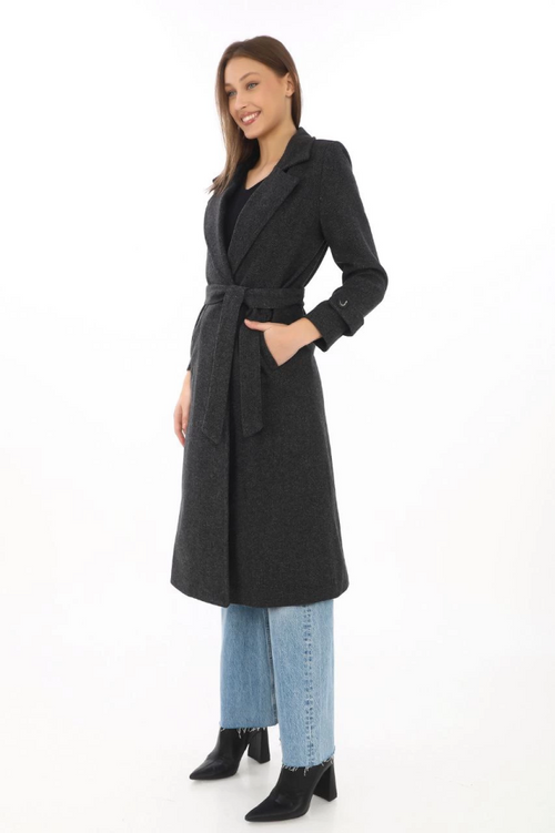 Herringbone Melton Coat – Long Double-Breasted Lapel Belted Lined Winter Modest Coat, Wool Blend Cashmere Fabric, Pockets Comfortable Oversized Fit Stylish Modern Coat Model (Suitable for Daily and Special Occasion Outfits) - Black