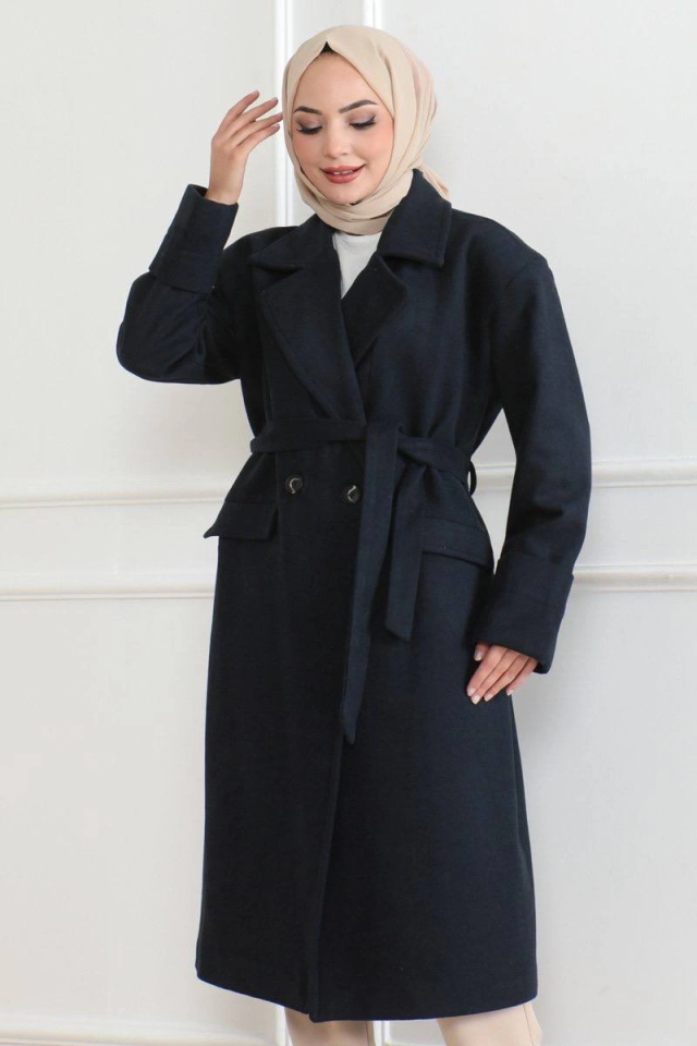 Cashmere Coat – Long Double-Breasted Shawl Collar Belted Modest Cashmere Winter Coat, Lined Stylish Woolen Woven Oversize Relaxed Fit With Pockets Buttoned Modern Cloak Model - Navy Blue