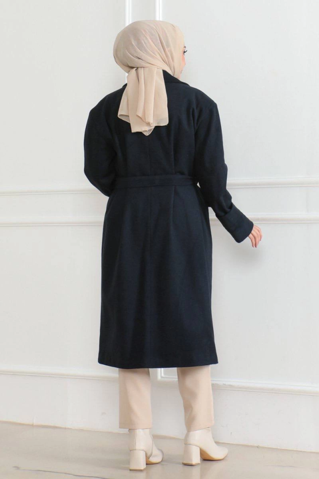 Cashmere Coat – Long Double-Breasted Shawl Collar Belted Modest Cashmere Winter Coat, Lined Stylish Woolen Woven Oversize Relaxed Fit With Pockets Buttoned Modern Cloak Model - Navy Blue