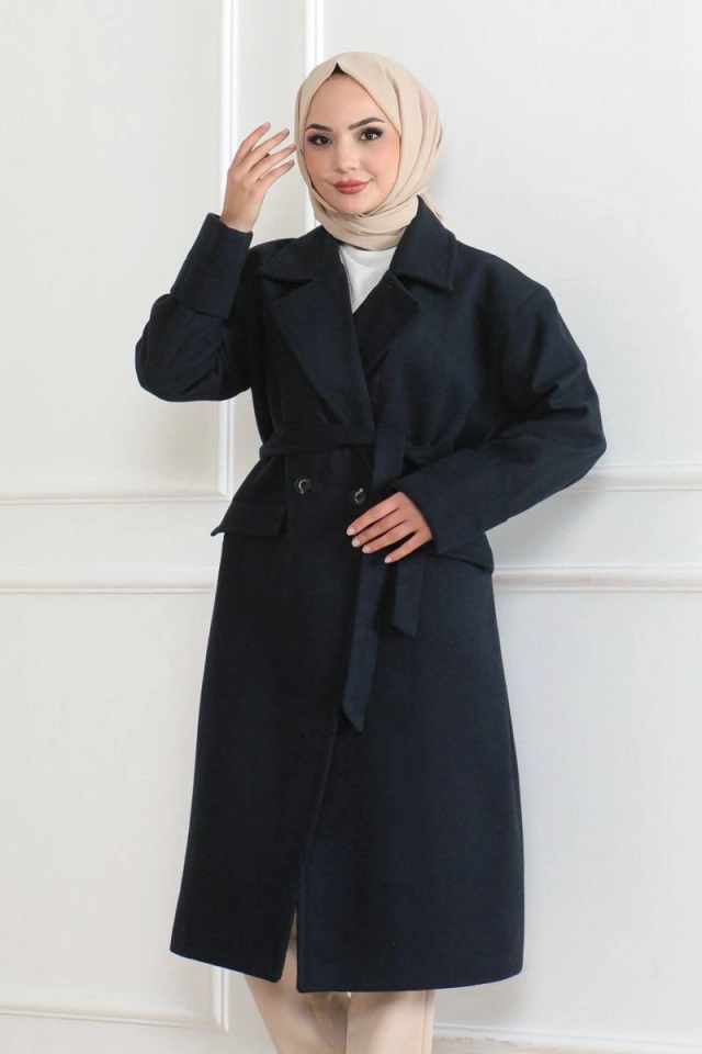 Cashmere Coat – Long Double-Breasted Shawl Collar Belted Modest Cashmere Winter Coat, Lined Stylish Woolen Woven Oversize Relaxed Fit With Pockets Buttoned Modern Cloak Model - Navy Blue