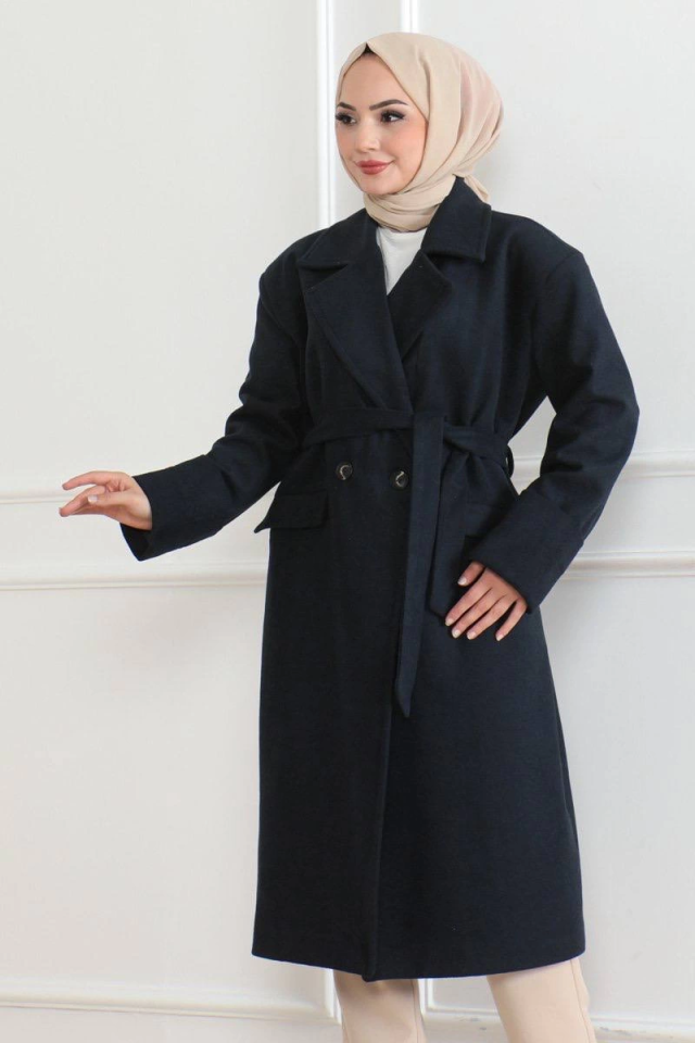 Cashmere Coat – Long Double-Breasted Shawl Collar Belted Modest Cashmere Winter Coat, Lined Stylish Woolen Woven Oversize Relaxed Fit With Pockets Buttoned Modern Cloak Model - Navy Blue