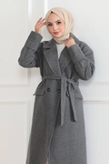 Cashmere Coat - Long Double-Breasted Belted Modest Cashmere Winter Coat, Lined Stylish Woolen Woven Oversize Relaxed Fit Pocketed Buttoned Modern Coat Model - Gray