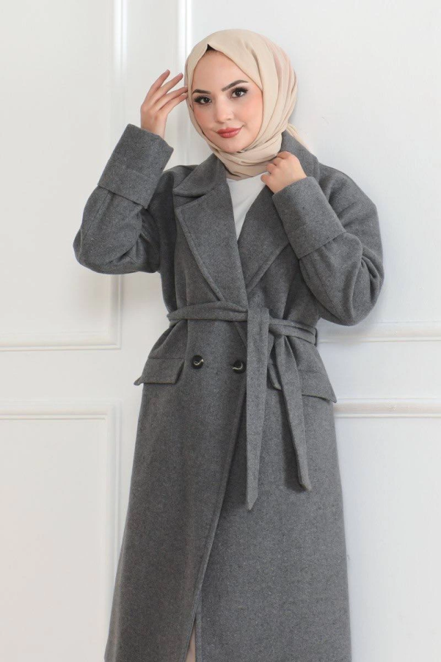 Cashmere Coat - Long Double-Breasted Belted Modest Cashmere Winter Coat, Lined Stylish Woolen Woven Oversize Relaxed Fit Pocketed Buttoned Modern Coat Model - Gray