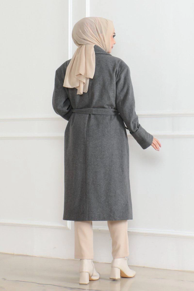 Cashmere Coat - Long Double-Breasted Belted Modest Cashmere Winter Coat, Lined Stylish Woolen Woven Oversize Relaxed Fit Pocketed Buttoned Modern Coat Model - Gray