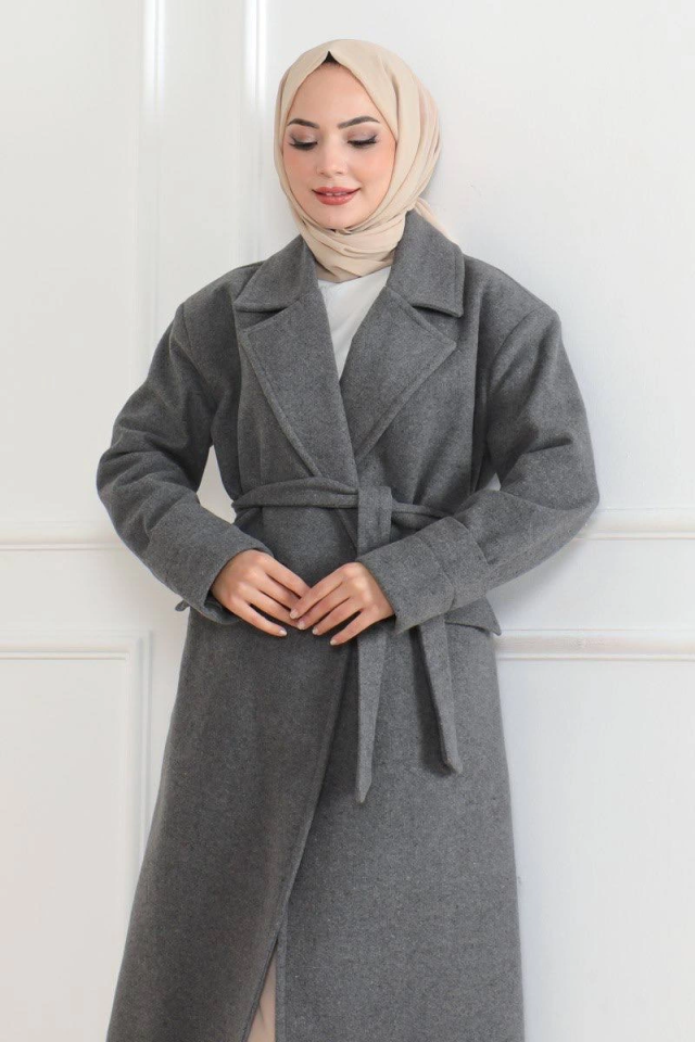 Cashmere Coat - Long Double-Breasted Belted Modest Cashmere Winter Coat, Lined Stylish Woolen Woven Oversize Relaxed Fit Pocketed Buttoned Modern Coat Model - Gray