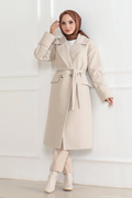 Felted Coat - Long Double-Breasted Shawl Collar Belted Modest Felted Winter Coat, Lined Stylish Woolen Woven Oversized Relaxed Fit Pocketed Buttoned Modern Cape Model - Beige