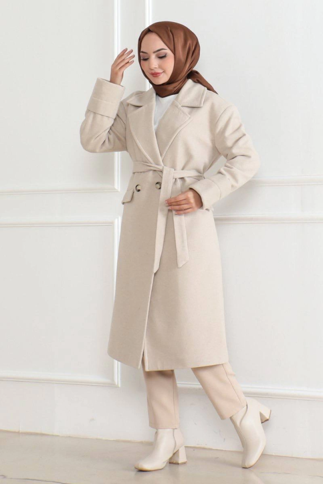 Felted Coat - Long Double-Breasted Shawl Collar Belted Modest Felted Winter Coat, Lined Stylish Woolen Woven Oversized Relaxed Fit Pocketed Buttoned Modern Cape Model - Beige