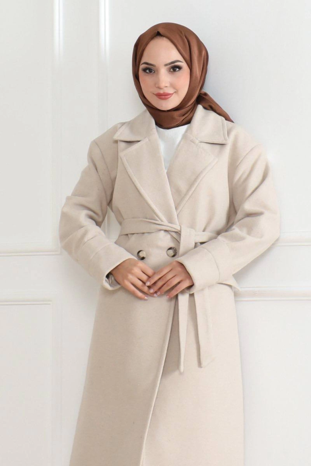Felted Coat - Long Double-Breasted Shawl Collar Belted Modest Felted Winter Coat, Lined Stylish Woolen Woven Oversized Relaxed Fit Pocketed Buttoned Modern Cape Model - Beige