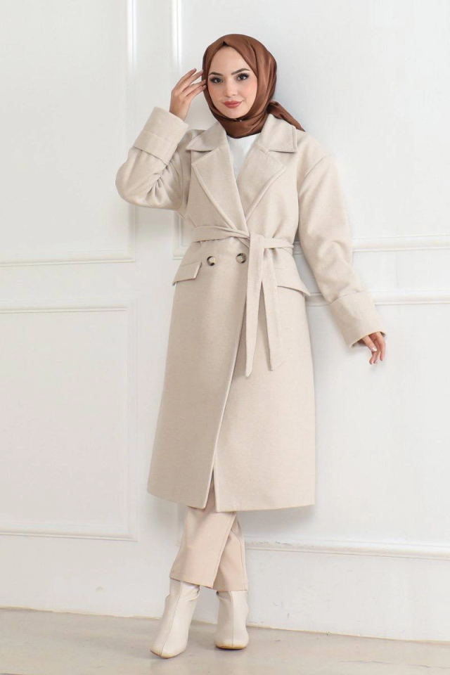 Felted Coat - Long Double-Breasted Shawl Collar Belted Modest Felted Winter Coat, Lined Stylish Woolen Woven Oversized Relaxed Fit Pocketed Buttoned Modern Cape Model - Beige