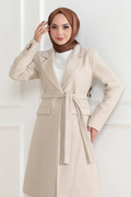 Cashmere Coat – Long Double-Breasted Collar, Belted Modest Winter Coat, Lined Stylish Woolen Woven Oversize Comfortable Fit, Pocketed Modern Cashmere Jacket Model - Beige