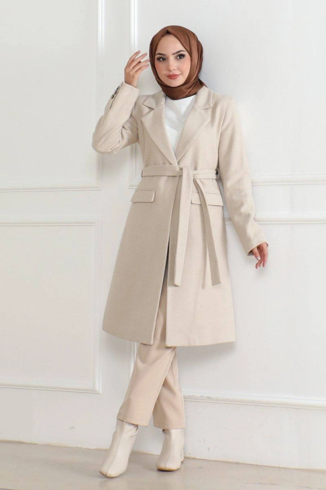 Cashmere Coat – Long Double-Breasted Collar, Belted Modest Winter Coat, Lined Stylish Woolen Woven Oversize Comfortable Fit, Pocketed Modern Cashmere Jacket Model - Beige