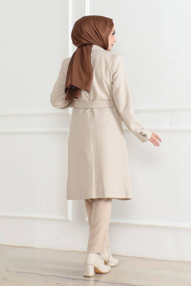 Cashmere Coat – Long Double-Breasted Collar, Belted Modest Winter Coat, Lined Stylish Woolen Woven Oversize Comfortable Fit, Pocketed Modern Cashmere Jacket Model - Beige