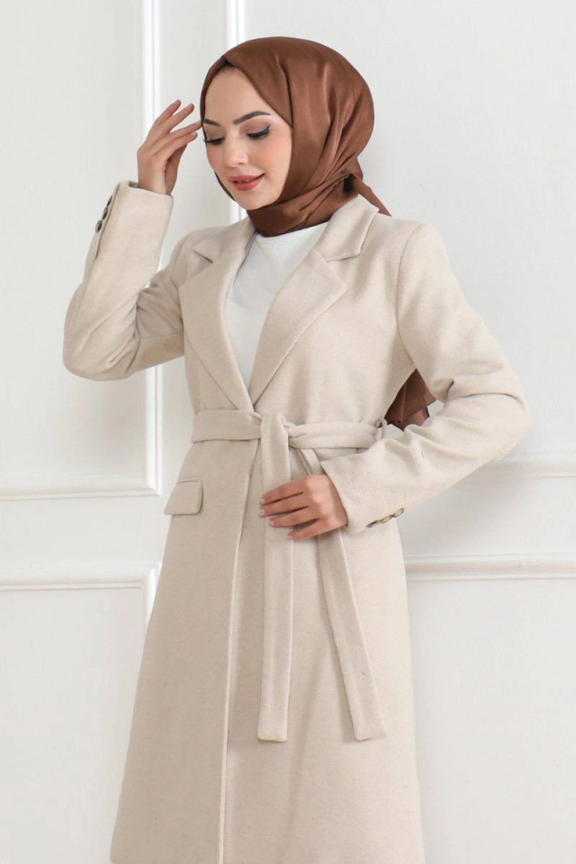 Cashmere Coat – Long Double-Breasted Collar, Belted Modest Winter Coat, Lined Stylish Woolen Woven Oversize Comfortable Fit, Pocketed Modern Cashmere Jacket Model - Beige