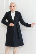 Cashmere Coat – Long Double-Breasted Collar, Belted Modest Winter Coat, Lined Stylish Wool Woven Oversize Comfortable Fit, Pocketed Modern Cashmere Jacket Model - Navy Blue
