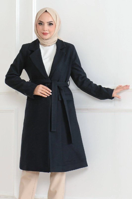 Cashmere Coat – Long Double-Breasted Collar, Belted Modest Winter Coat, Lined Stylish Wool Woven Oversize Comfortable Fit, Pocketed Modern Cashmere Jacket Model - Navy Blue