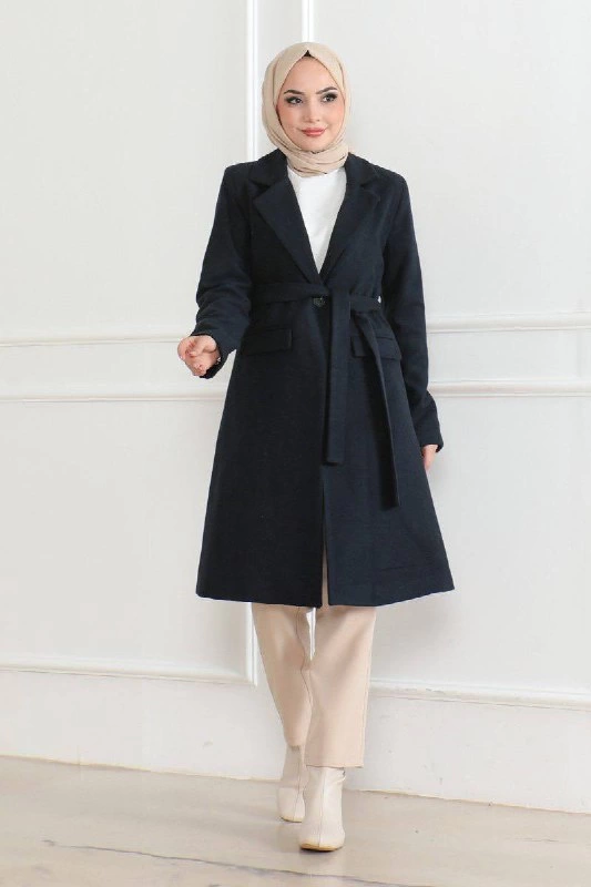 Cashmere Coat – Long Double-Breasted Collar, Belted Modest Winter Coat, Lined Stylish Wool Woven Oversize Comfortable Fit, Pocketed Modern Cashmere Jacket Model - Navy Blue
