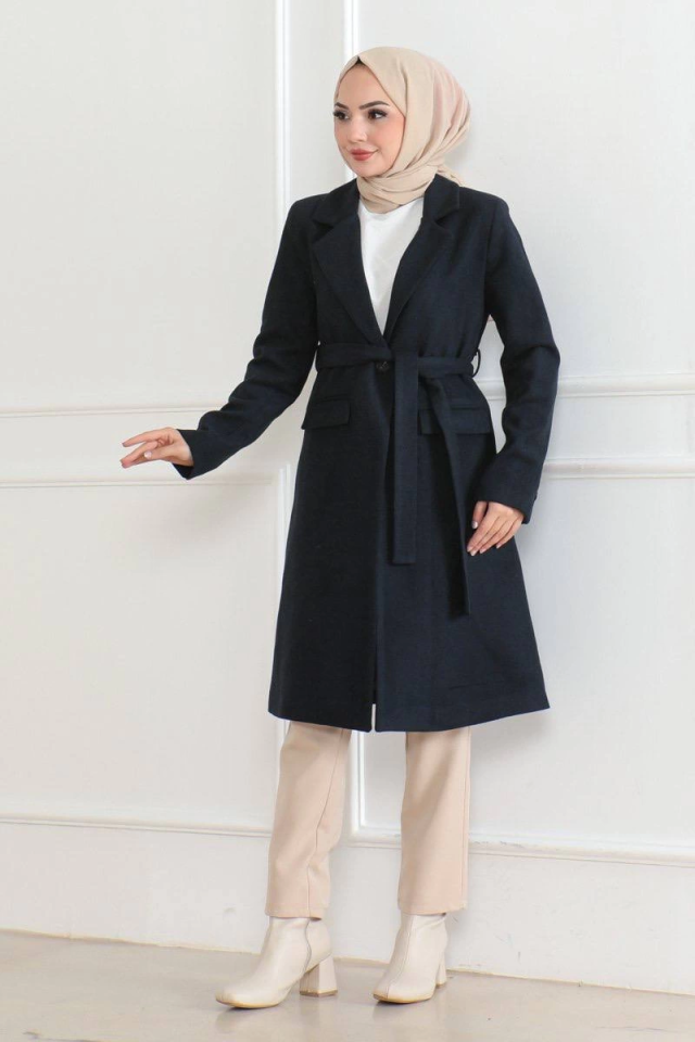 Cashmere Coat – Long Double-Breasted Collar, Belted Modest Winter Coat, Lined Stylish Wool Woven Oversize Comfortable Fit, Pocketed Modern Cashmere Jacket Model - Navy Blue
