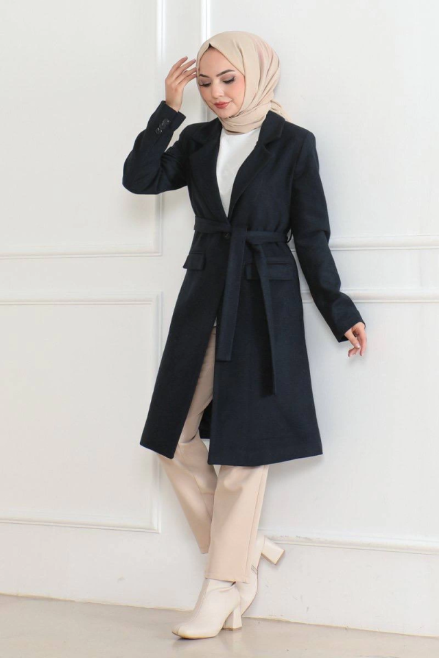 Cashmere Coat – Long Double-Breasted Collar, Belted Modest Winter Coat, Lined Stylish Wool Woven Oversize Comfortable Fit, Pocketed Modern Cashmere Jacket Model - Navy Blue