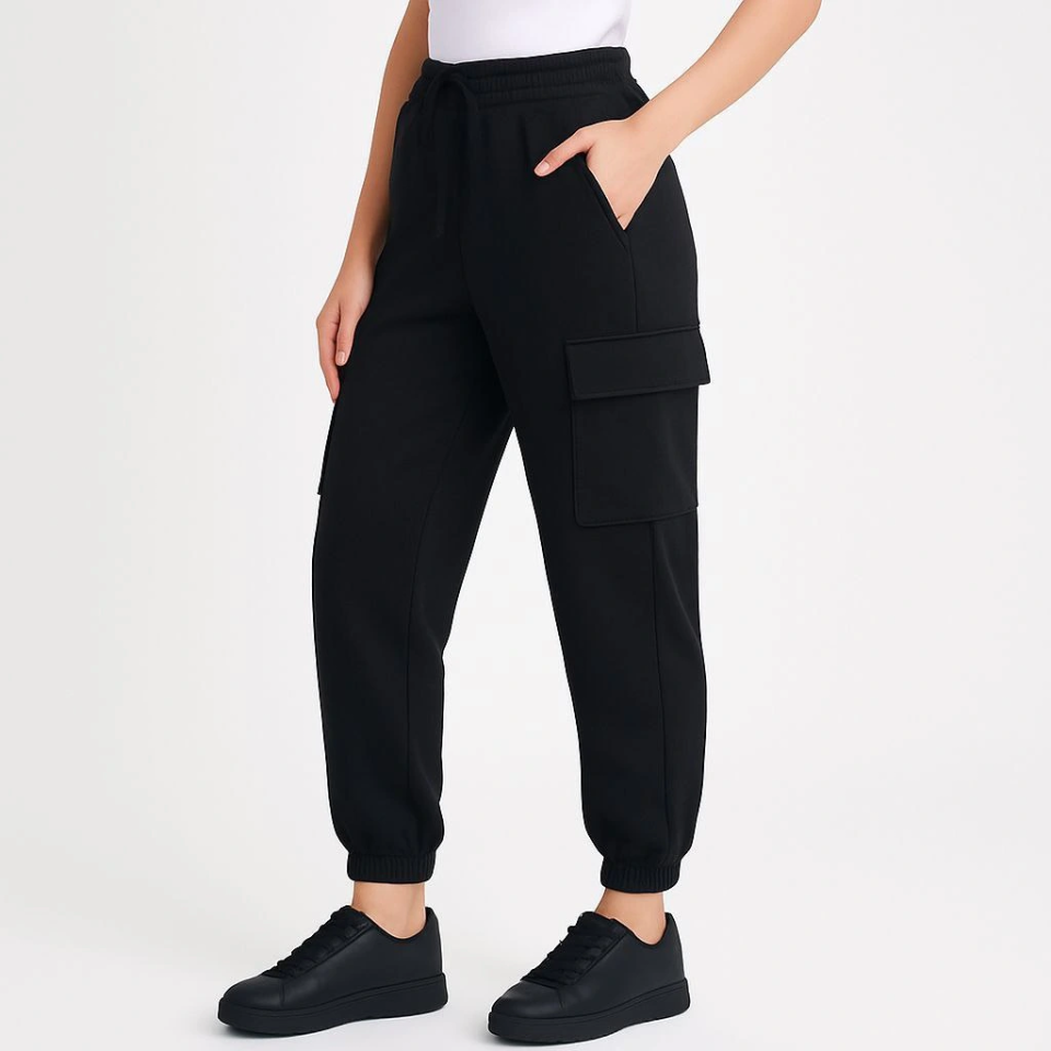 Black Jogger Sweatpants - Relaxed Fit, Cargo Pockets, Elastic Cuffs, Everyday Sport Pants - Black