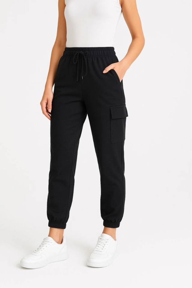 Black Jogger Sweatpants - Relaxed Fit, Cargo Pockets, Elastic Cuffs, Everyday Sport Pants - Black