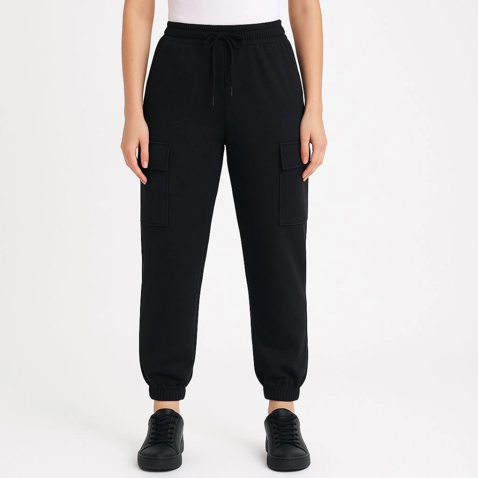 Black Jogger Sweatpants - Relaxed Fit, Cargo Pockets, Elastic Cuffs, Everyday Sport Pants - Black